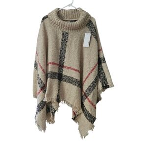 JustFab Cowl Neck Poncho Sweater NEW Women's Medium Plaid Tan Red Black